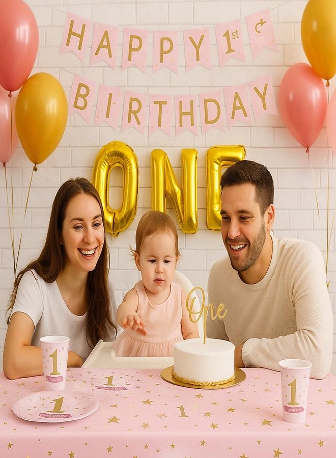 أوجامي مستلزمات حفلة عيد الميلاد الأول للبنات من أوجامي - تكفي 30 شخصًا، أطباق، أكواب، مناديل، غطاء طاولة، بالونات، لافتة، بالون بحرف واحد - زينة عيد الميلاد الأول، ثيم وردي وذهبي - Image 4